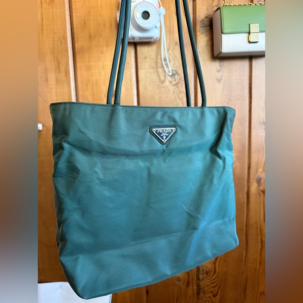 Vintage Prada Green Nylon Tote with Signature Logo